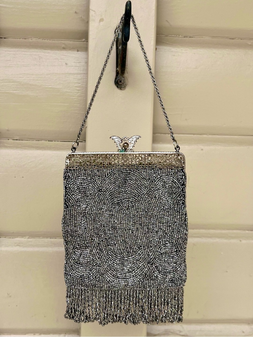 Antique Edwardian Micro Beaded Purse Vampire Bat Clasp Gothic Reticule w/ Mirror